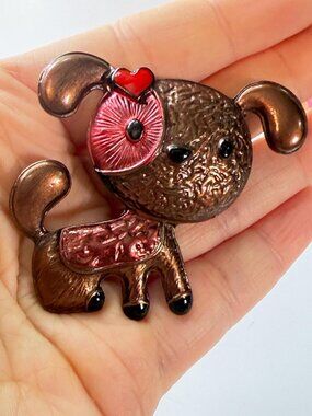 Cute Puppy Dog Brooch Brown Enamel Pink Heart Eye Patch 2.25"